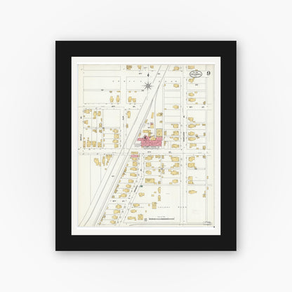 Old map wall art mockup — black gallery frame with white mat — Sanborn Fire Insurance Map from Columbus, Bartholomew County, Indiana (1906), Sheet #0009