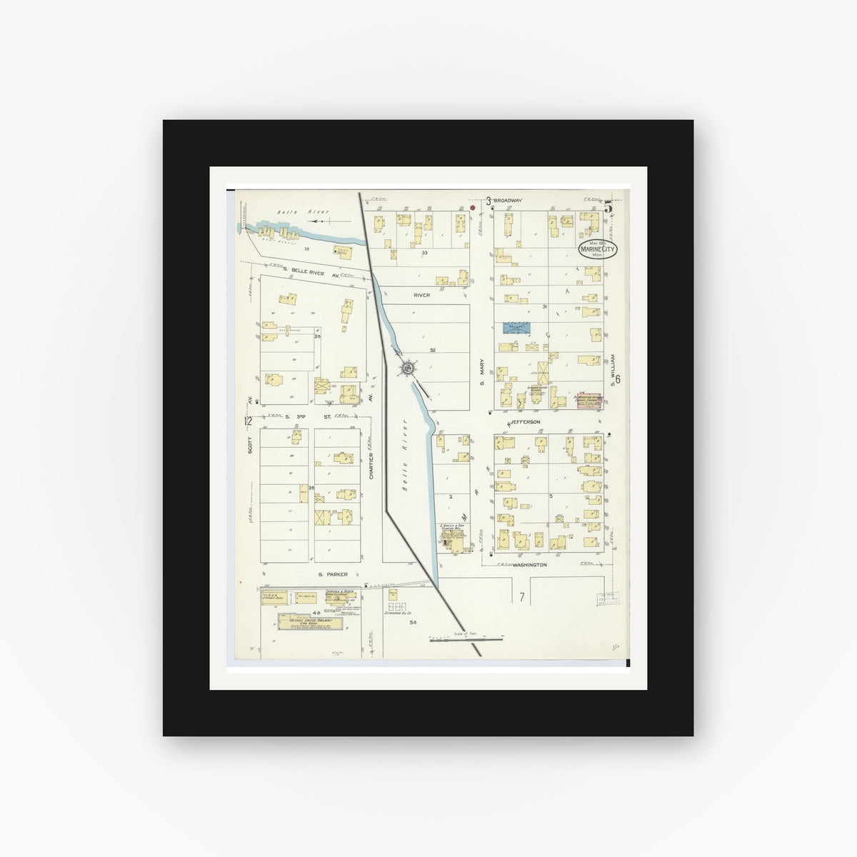 Old map wall art mockup — black gallery frame with white mat — Sanborn Fire Insurance Map from Marine City, Saint Clair County, Michigan (1913), Sheet #0005