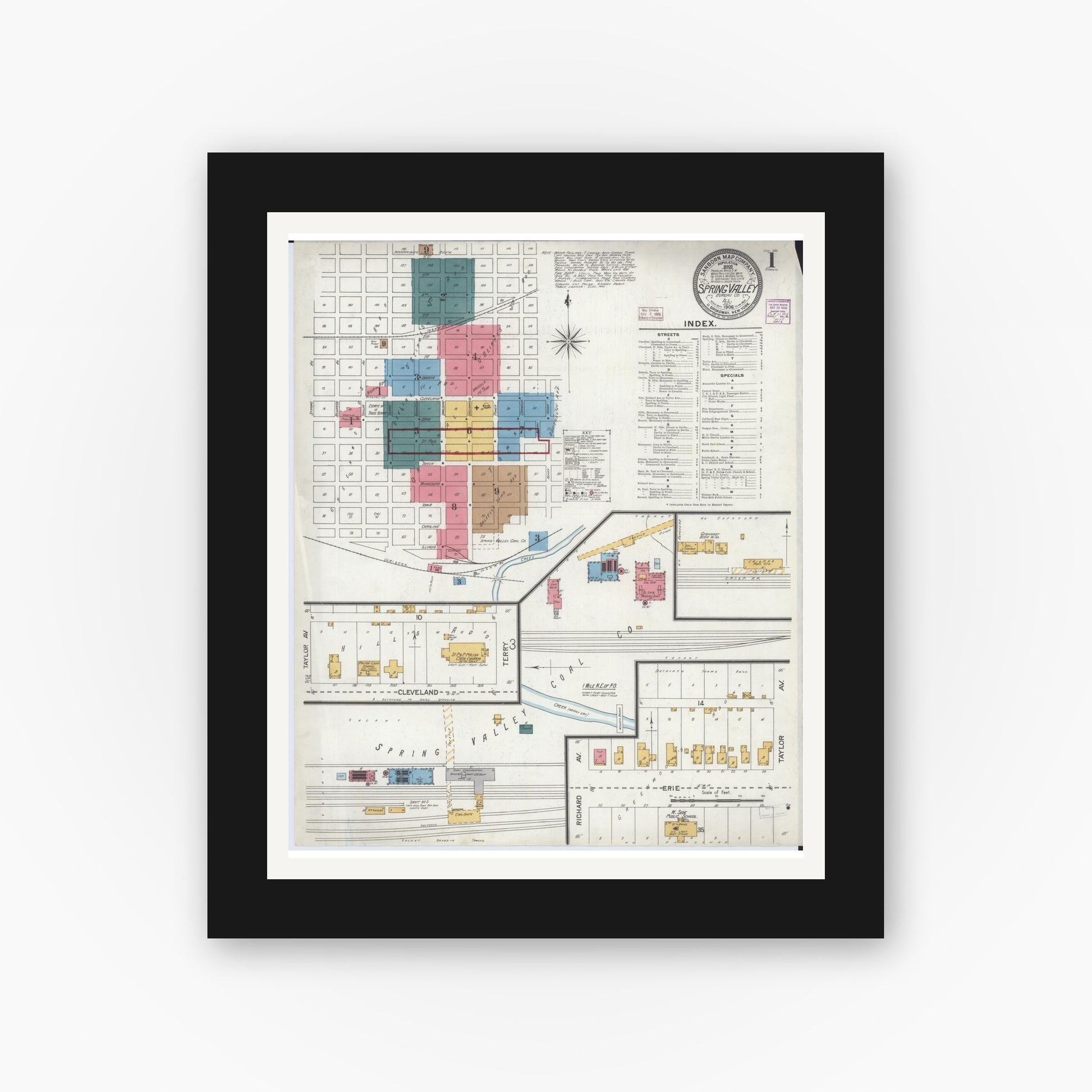 Old map wall art mockup — black gallery frame with white mat — Sanborn Fire Insurance Map from Spring Valley, Bureau County, Illinois (1906) - Complete Map Set
