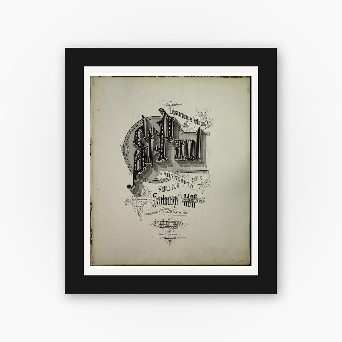 Old map wall art mockup — black gallery frame with white mat — Sanborn Fire Insurance Map from Saint Paul, Ramsey County, Minnesota (1903), Sheet #0001