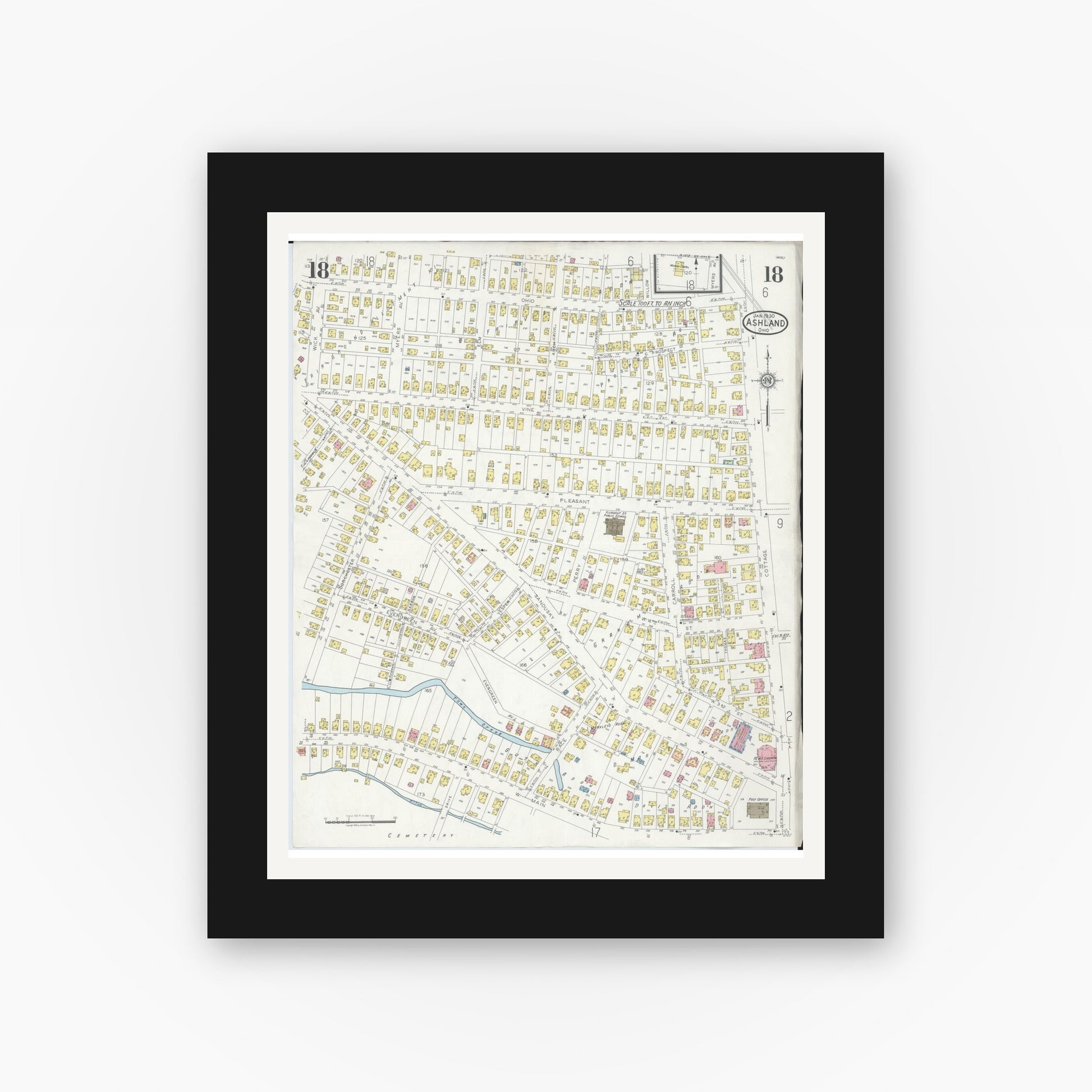 Old map wall art mockup — black gallery frame with white mat — Sanborn Fire Insurance Map from Ashland, Ashland County, Ohio (1930), Sheet #0018