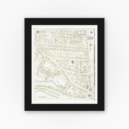 Old map wall art mockup — black gallery frame with white mat — Sanborn Fire Insurance Map from Ashland, Ashland County, Ohio (1930), Sheet #0018