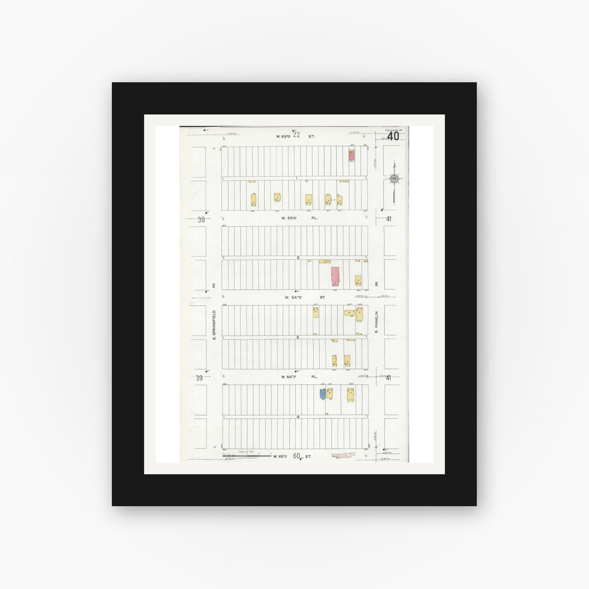 Old map wall art mockup — black gallery frame with white mat — Sanborn Fire Insurance Map from Chicago, Cook County, Illinois (1920), Sheet #0040