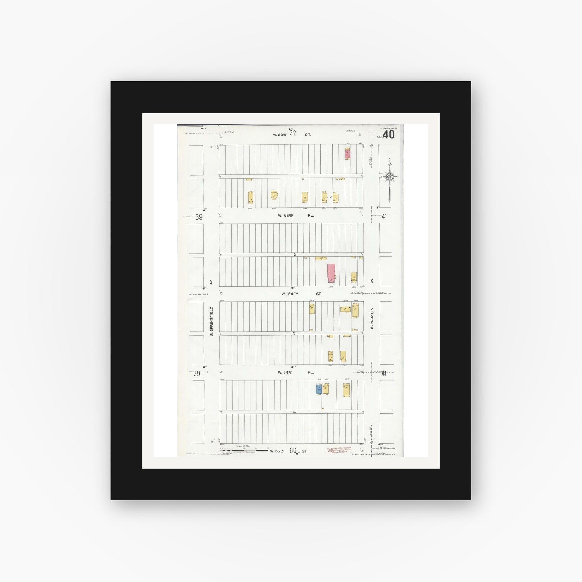 Old map wall art mockup — black gallery frame with white mat — Sanborn Fire Insurance Map from Chicago, Cook County, Illinois (1920), Sheet #0040