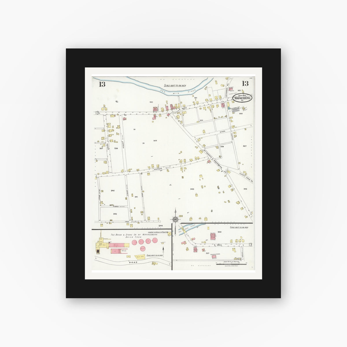 Old map wall art mockup — black gallery frame with white mat — Sanborn Fire Insurance Map from Waynesburg, Greene County, Pennsylvania (1925), Sheet #0013