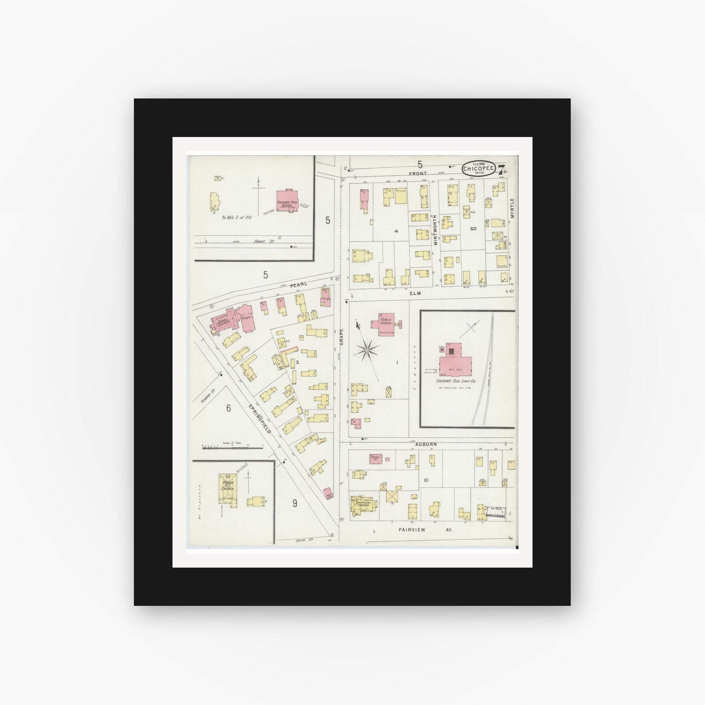 Old map wall art mockup — black gallery frame with white mat — Sanborn Fire Insurance Map from Chicopee, Hampden County, Massachusetts (1896), Sheet #0007