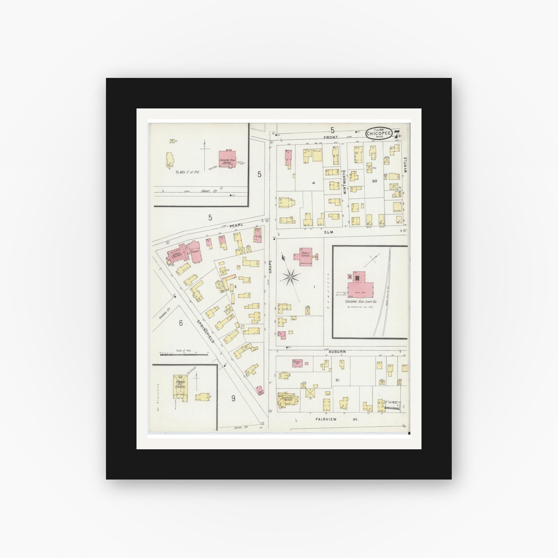 Old map wall art mockup — black gallery frame with white mat — Sanborn Fire Insurance Map from Chicopee, Hampden County, Massachusetts (1896), Sheet #0007