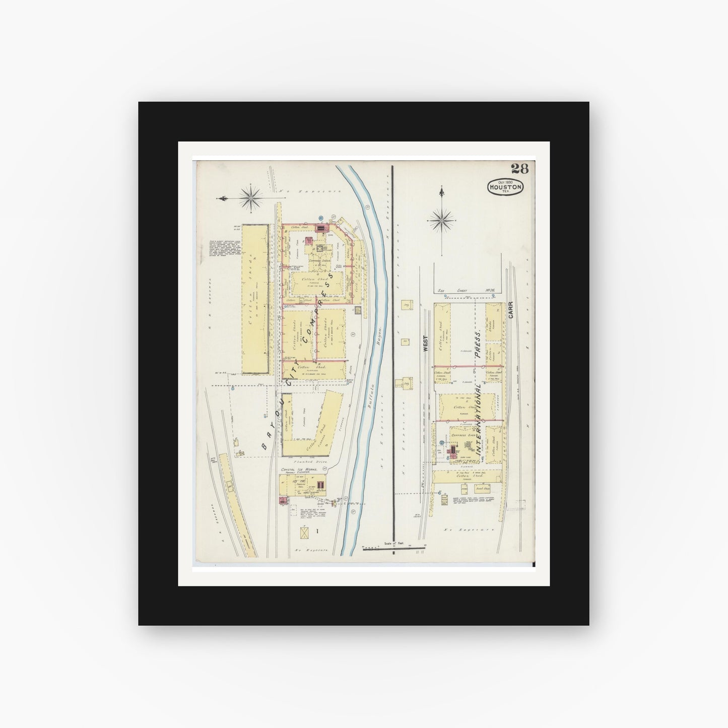 Old map wall art mockup — black gallery frame with white mat — Sanborn Fire Insurance Map from Houston, Harris County, Texas (1890), Sheet #0028