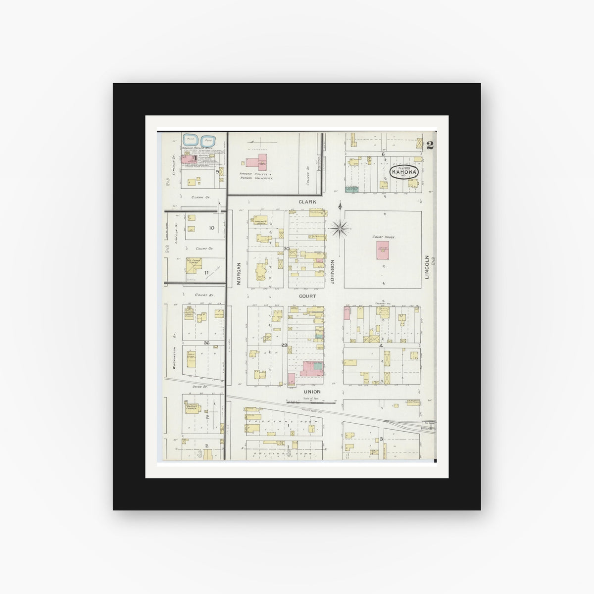Old map wall art mockup — black gallery frame with white mat — Sanborn Fire Insurance Map from Kahoka, Clark County, Missouri (1893), Sheet #0002