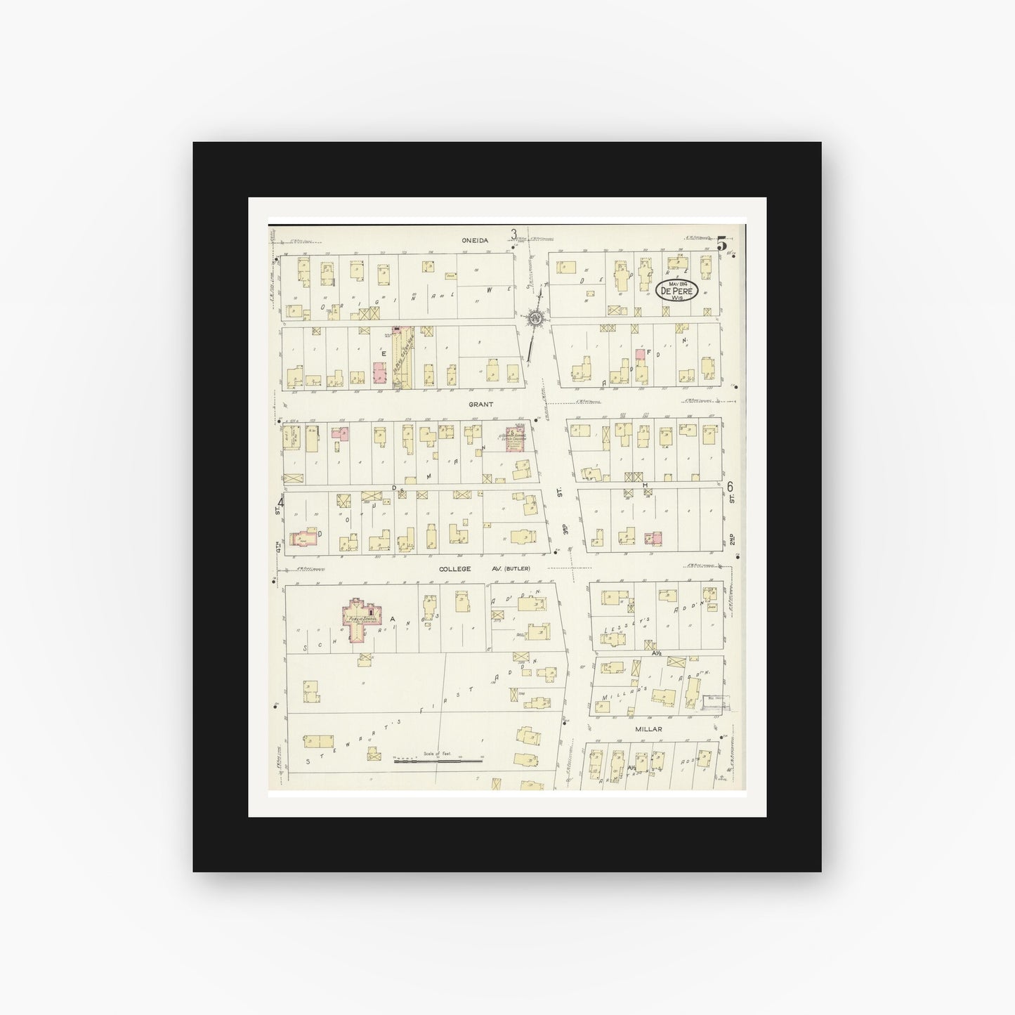 Old map wall art mockup — black gallery frame with white mat — Sanborn Fire Insurance Map from De Pere, Brown County, Wisconsin (1914), Sheet #0005