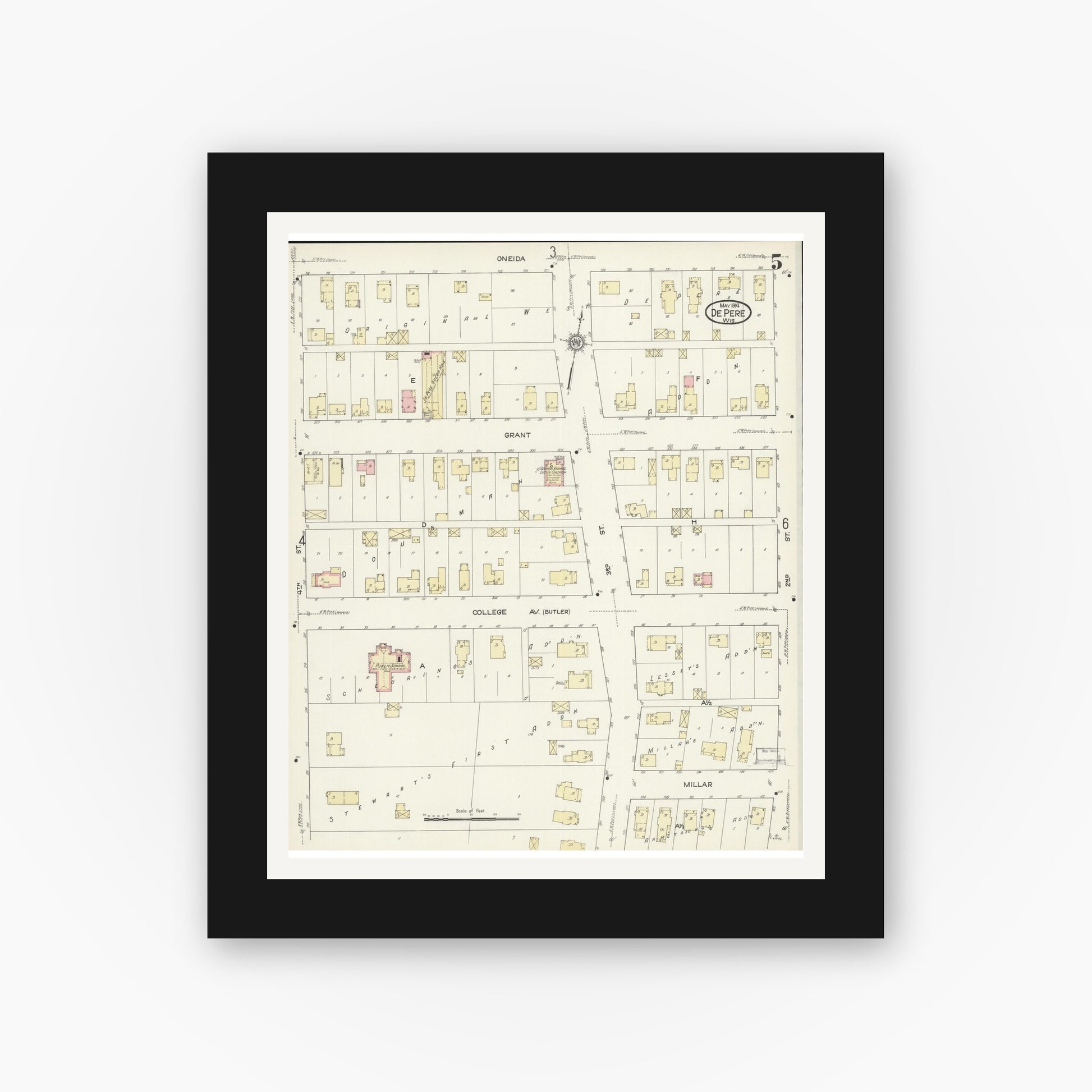 Old map wall art mockup — black gallery frame with white mat — Sanborn Fire Insurance Map from De Pere, Brown County, Wisconsin (1914), Sheet #0005