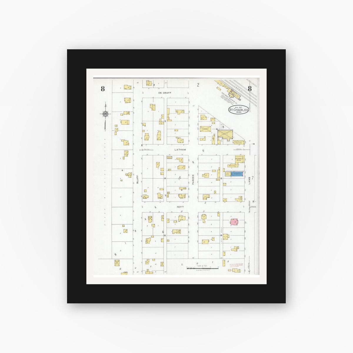 Old map wall art mockup — black gallery frame with white mat — Sanborn Fire Insurance Map from Saint Charles, Winona County, Minnesota (1927), Sheet #0008