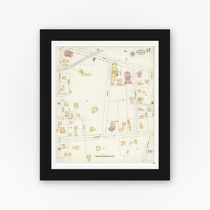 Old map wall art mockup — black gallery frame with white mat — Sanborn Fire Insurance Map from Woburn, Middlesex County, Massachusetts (1904), Sheet #0017