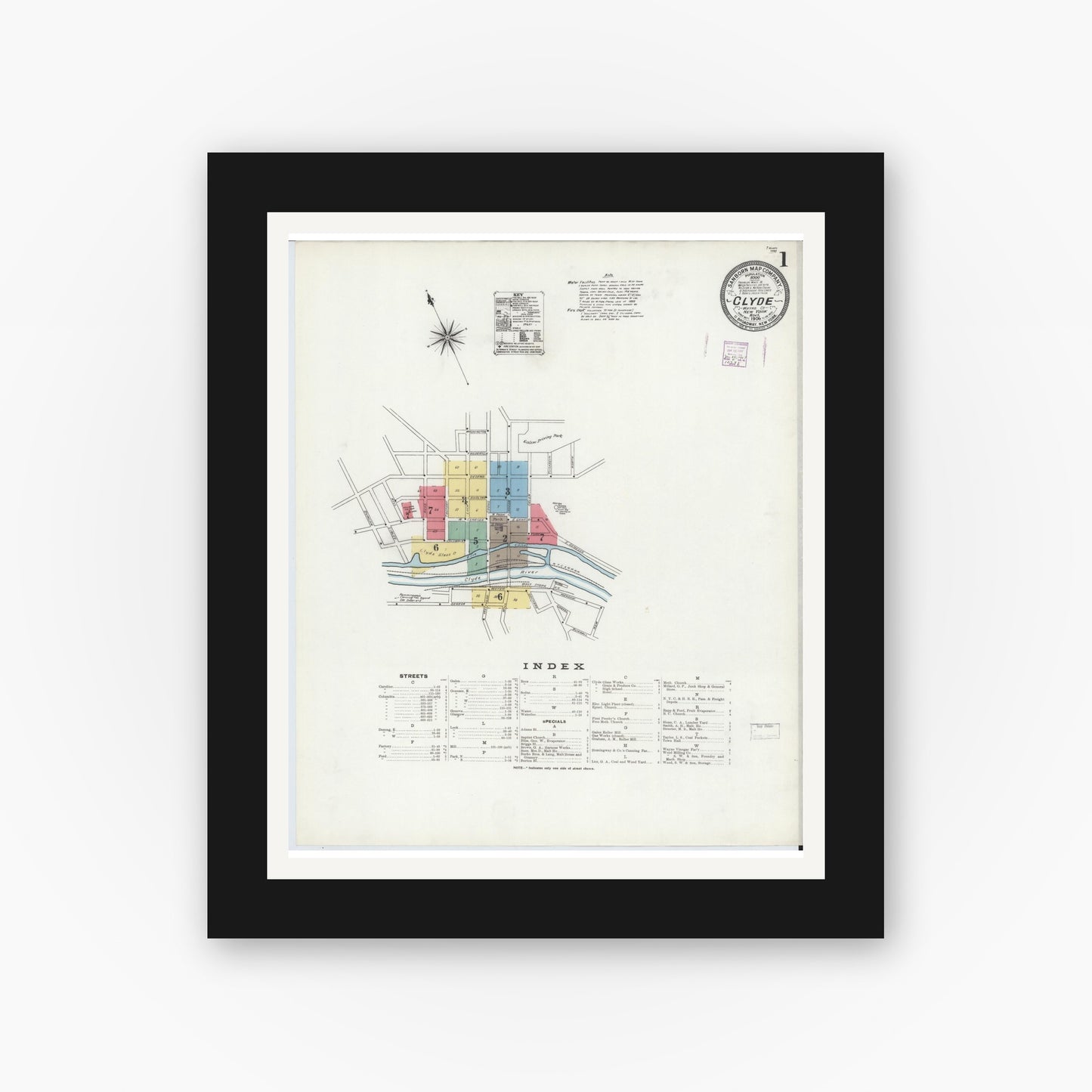 Old map wall art mockup — black gallery frame with white mat — Sanborn Fire Insurance Map from Clyde, Wayne County, New York (1906) - Complete Map Set