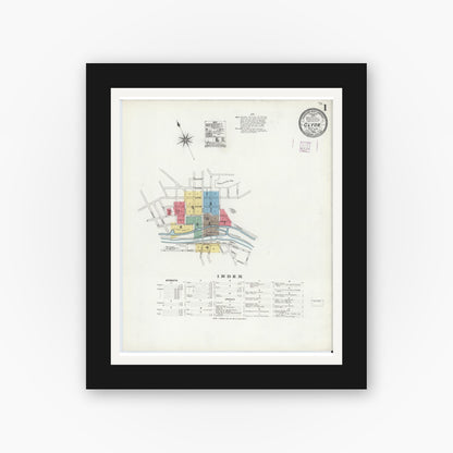 Old map wall art mockup — black gallery frame with white mat — Sanborn Fire Insurance Map from Clyde, Wayne County, New York (1906) - Complete Map Set
