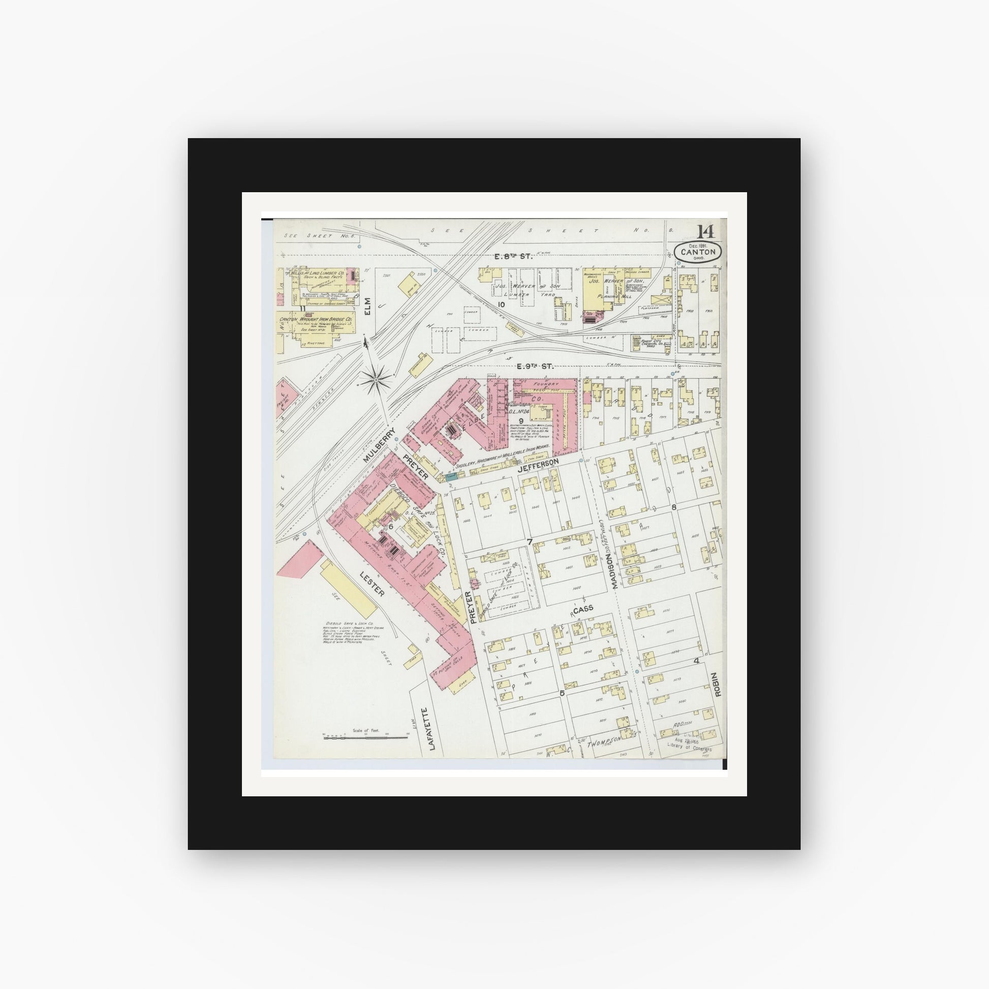 Old map wall art mockup — black gallery frame with white mat — Sanborn Fire Insurance Map from Canton, Stark County, Ohio (1891), Sheet #0014