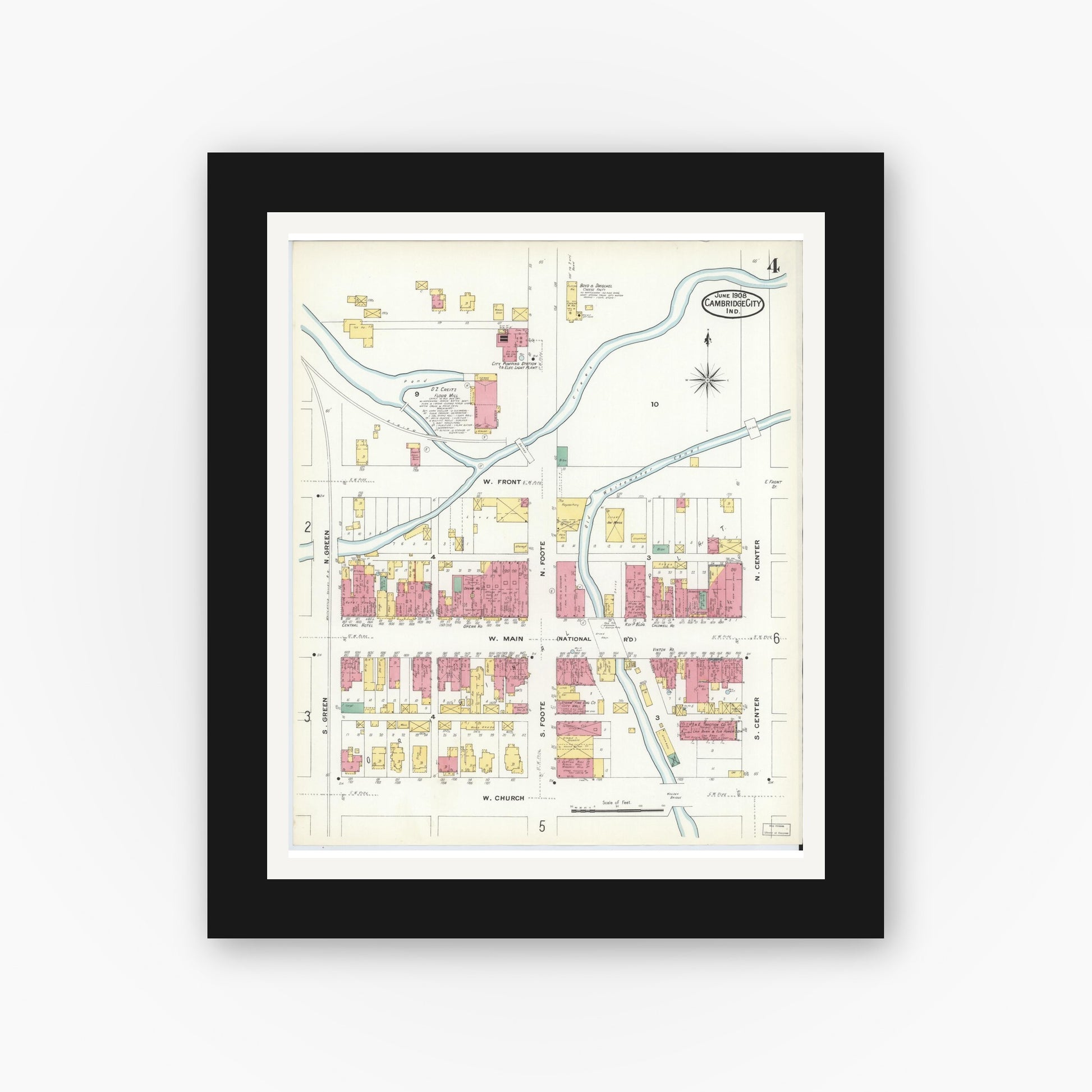 Old map wall art mockup — black gallery frame with white mat — Sanborn Fire Insurance Map from Cambridge City, Wayne County, Indiana (1908), Sheet #0004