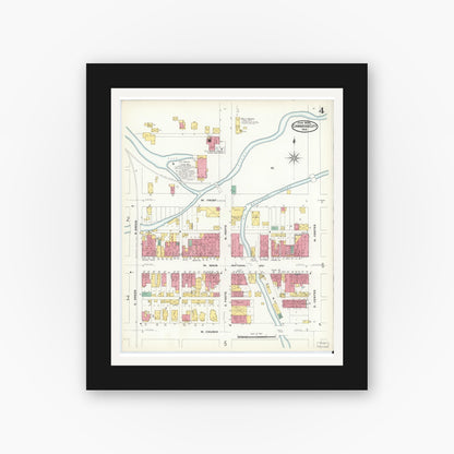 Old map wall art mockup — black gallery frame with white mat — Sanborn Fire Insurance Map from Cambridge City, Wayne County, Indiana (1908), Sheet #0004