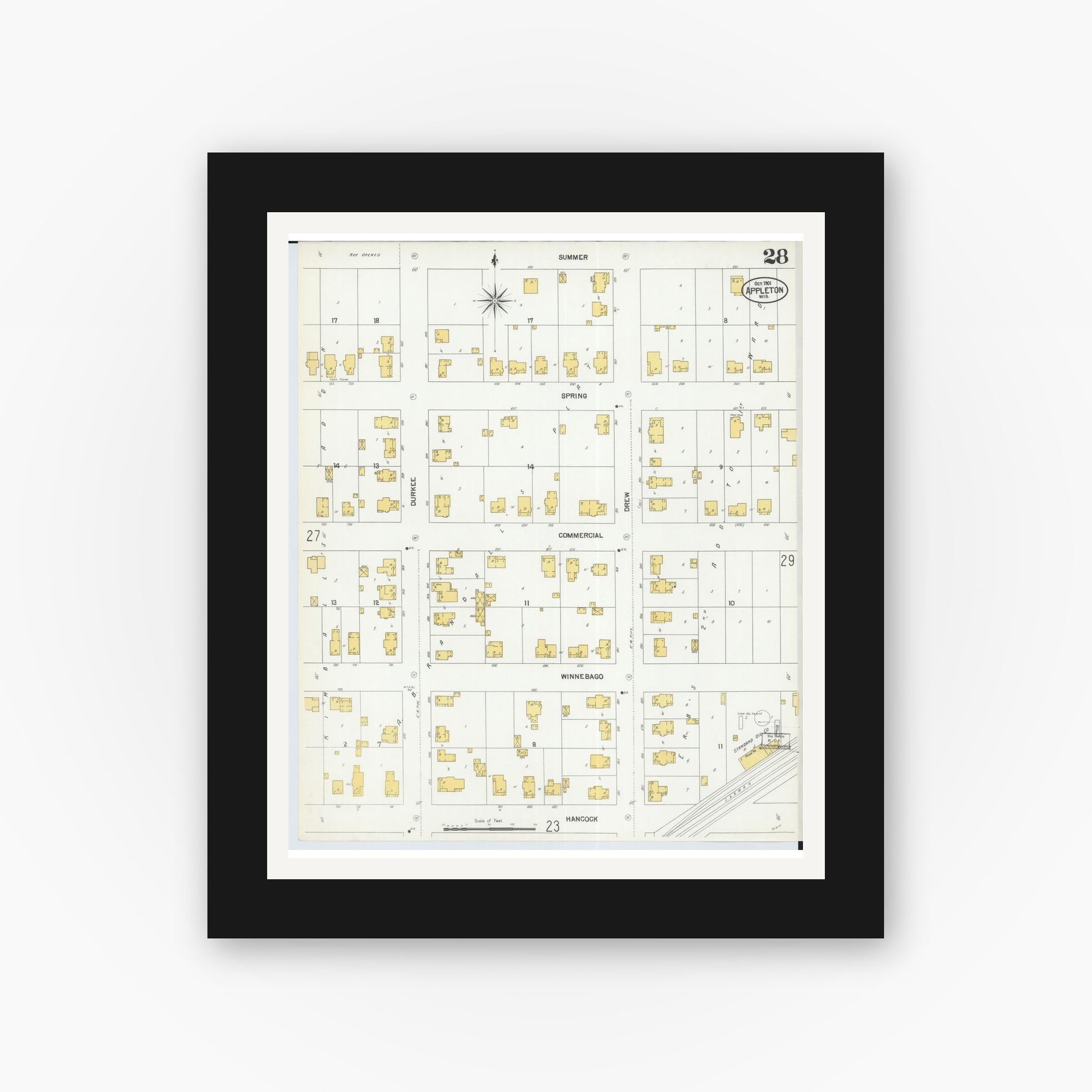 Old map wall art mockup — black gallery frame with white mat — Sanborn Fire Insurance Map from Appleton, Outagamie County, Wisconsin (1901), Sheet #0028
