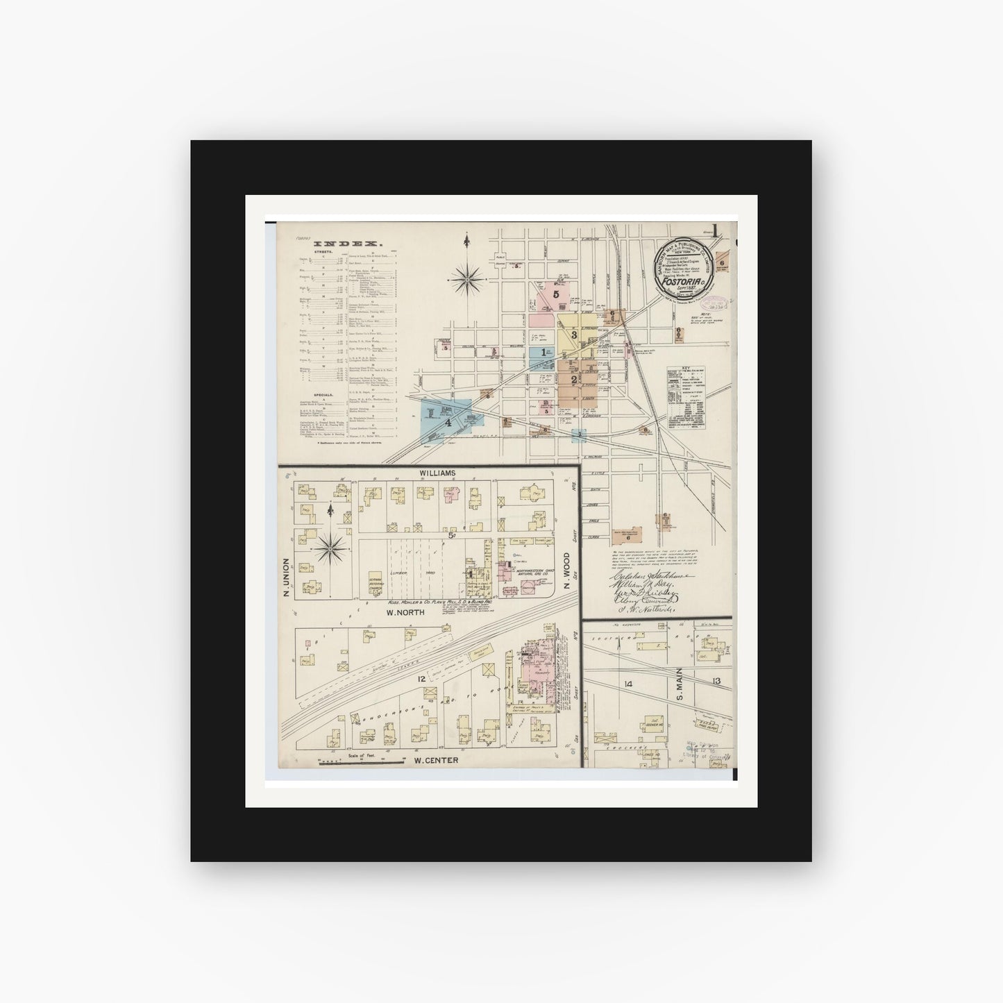 Old map wall art mockup — black gallery frame with white mat — Sanborn Fire Insurance Map from Fostoria, Seneca, Hancock, And Wood Counties, Ohio (1887), Sheet #0001