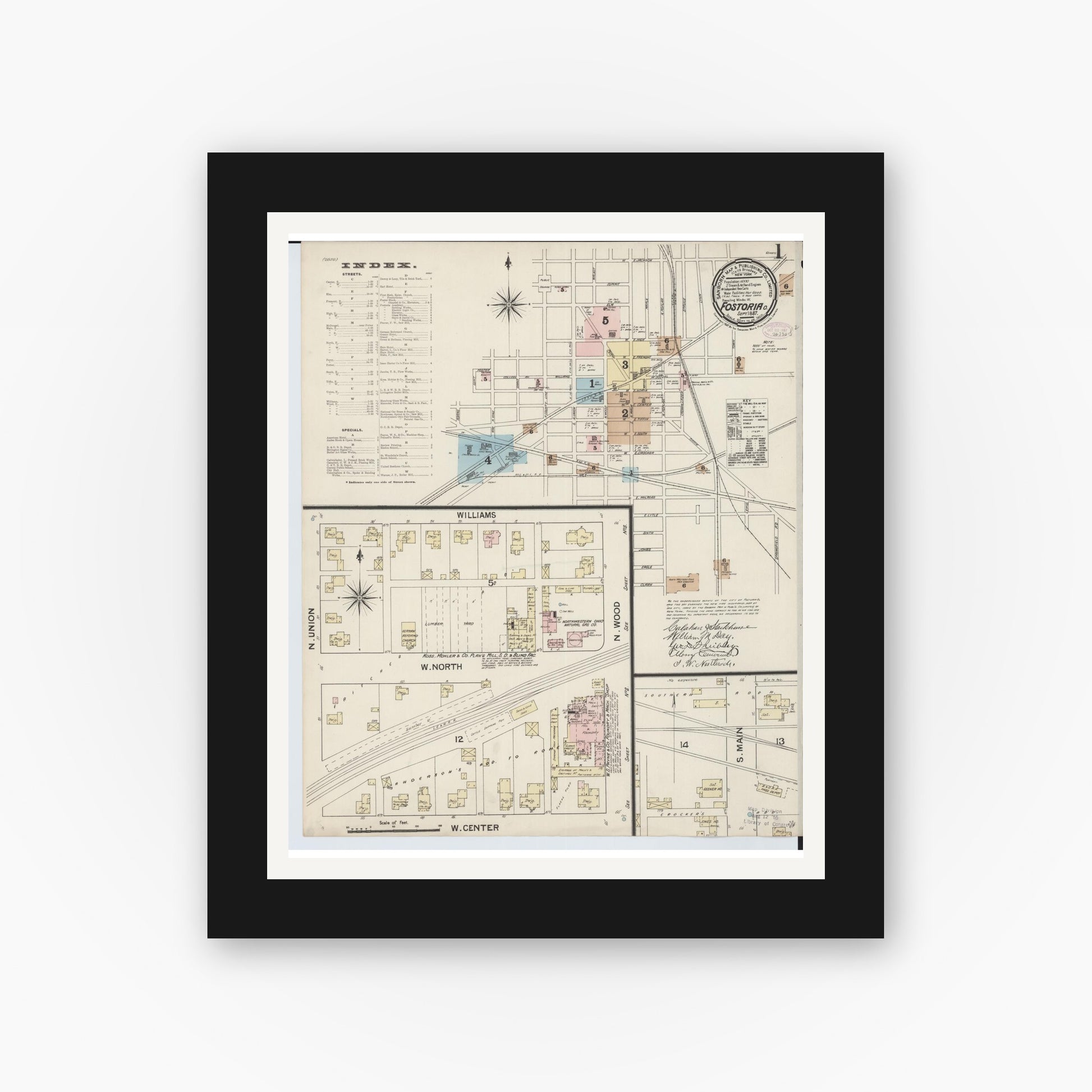 Old map wall art mockup — black gallery frame with white mat — Sanborn Fire Insurance Map from Fostoria, Seneca, Hancock, And Wood Counties, Ohio (1887), Sheet #0001