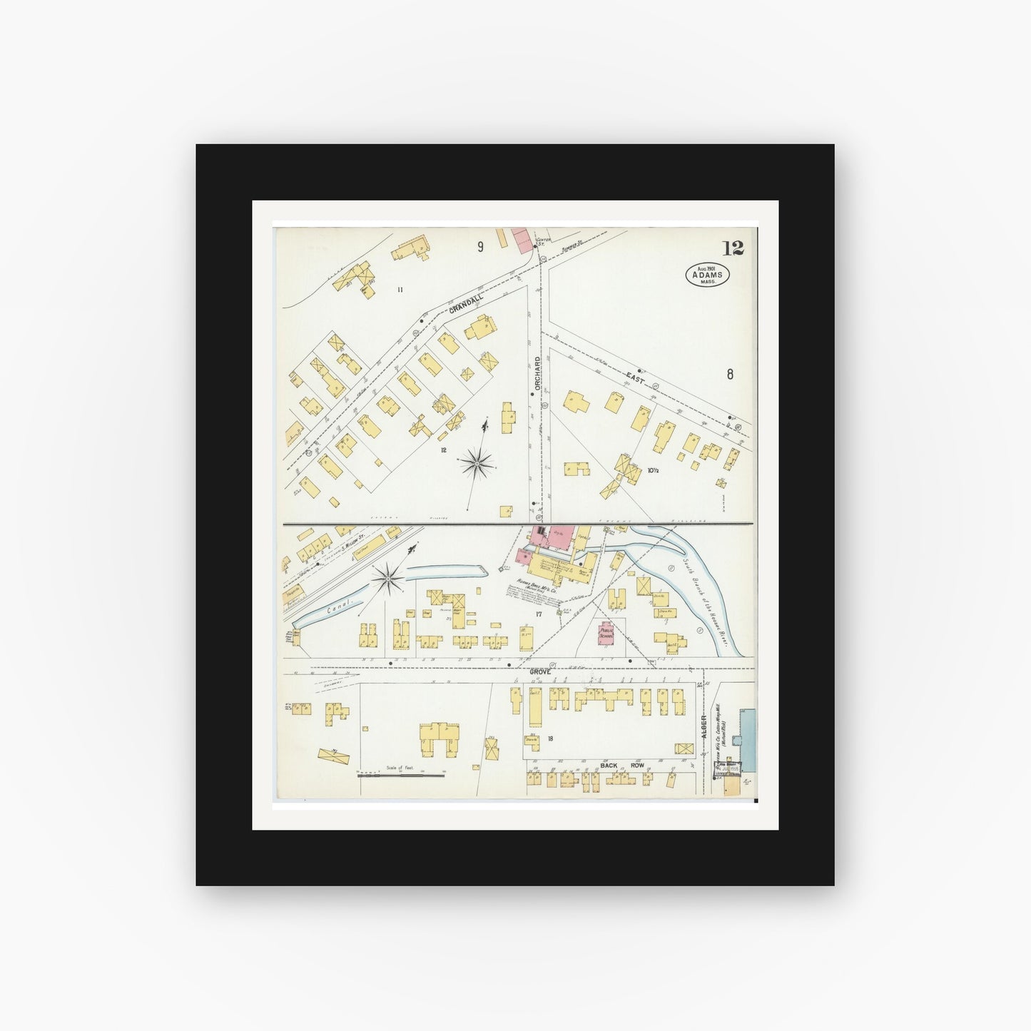 Old map wall art mockup — black gallery frame with white mat — Sanborn Fire Insurance Map from Adams, Berkshire County, Massachusetts (1901), Sheet #0012