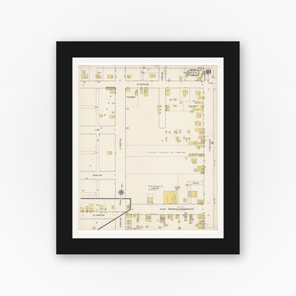 Old map wall art mockup — black gallery frame with white mat — Sanborn Fire Insurance Map from Mexia, Limestone County, Texas (1922), Sheet #0010