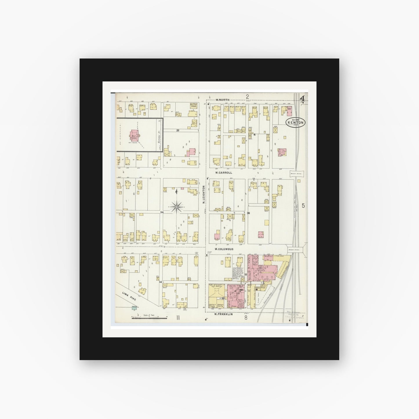 Old map wall art mockup — black gallery frame with white mat — Sanborn Fire Insurance Map from Kenton, Hardin County, Ohio (1897), Sheet #0004