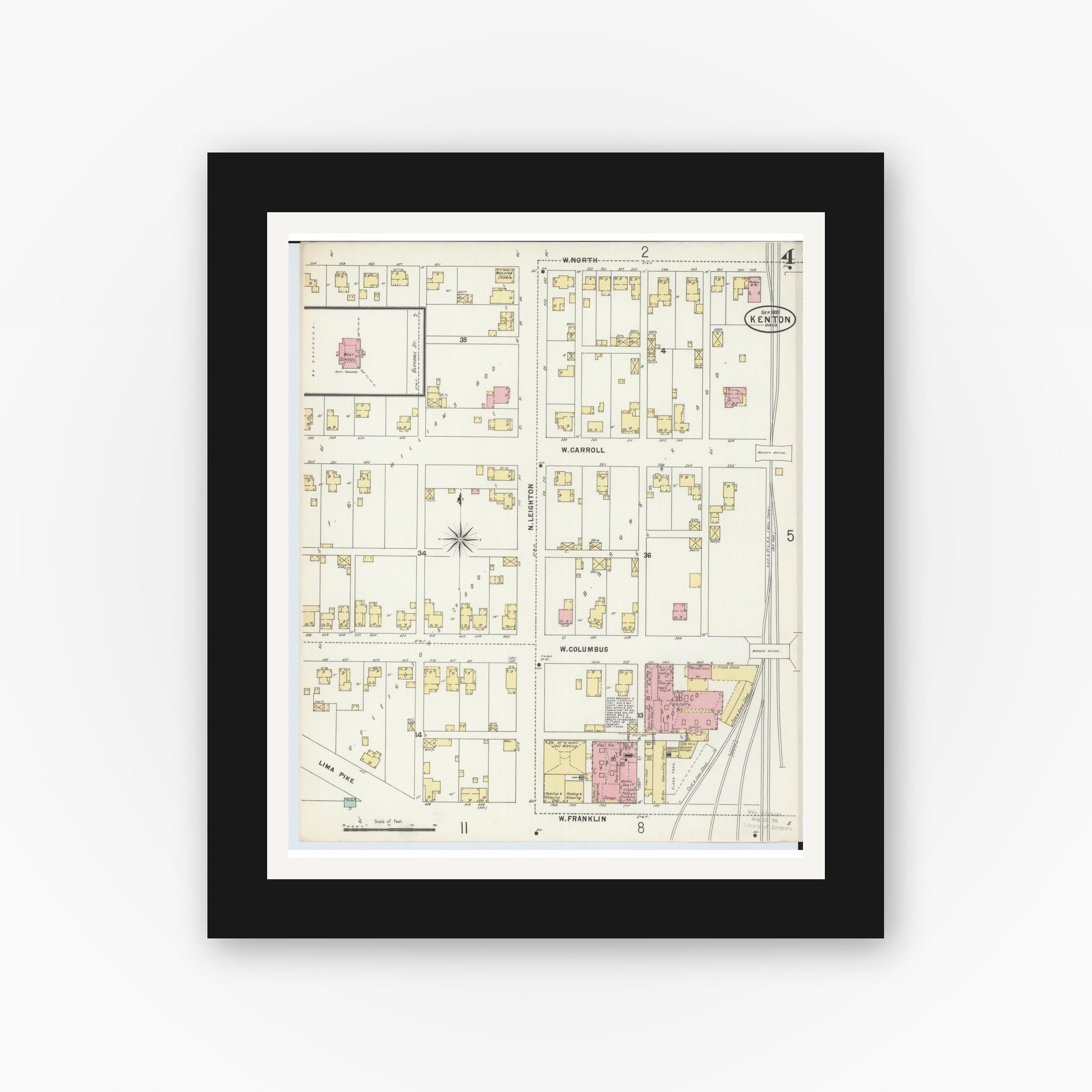 Old map wall art mockup — black gallery frame with white mat — Sanborn Fire Insurance Map from Kenton, Hardin County, Ohio (1897), Sheet #0004