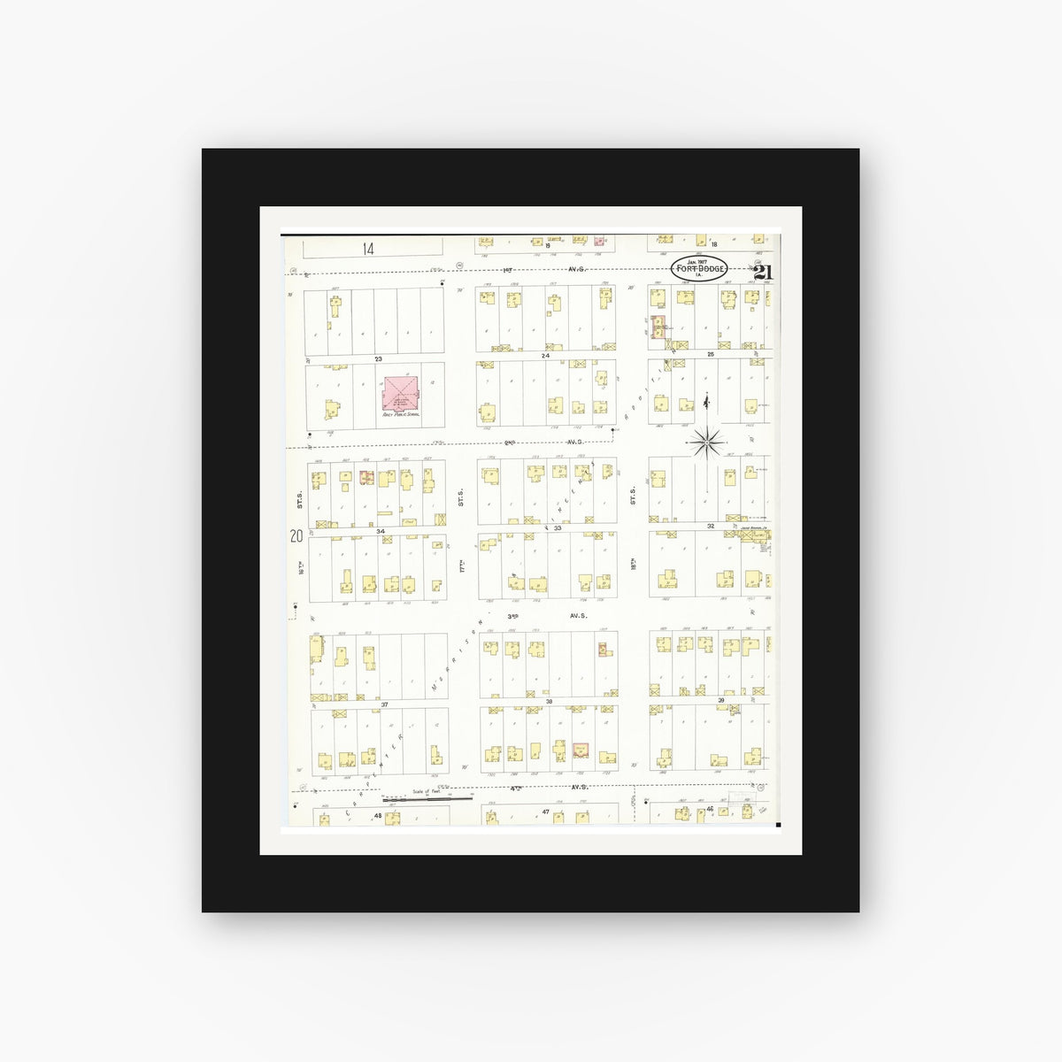 Old map wall art mockup — black gallery frame with white mat — Sanborn Fire Insurance Map from Fort Dodge, Webster County, Iowa (1907), Sheet #0021