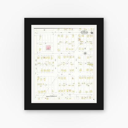 Old map wall art mockup — black gallery frame with white mat — Sanborn Fire Insurance Map from Fort Dodge, Webster County, Iowa (1907), Sheet #0021