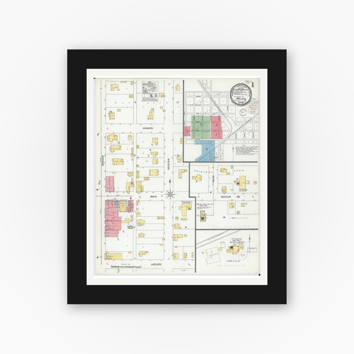 Old map wall art mockup — black gallery frame with white mat — Sanborn Fire Insurance Map from Malden, Dunklin County, Missouri (1900), Sheet #0001