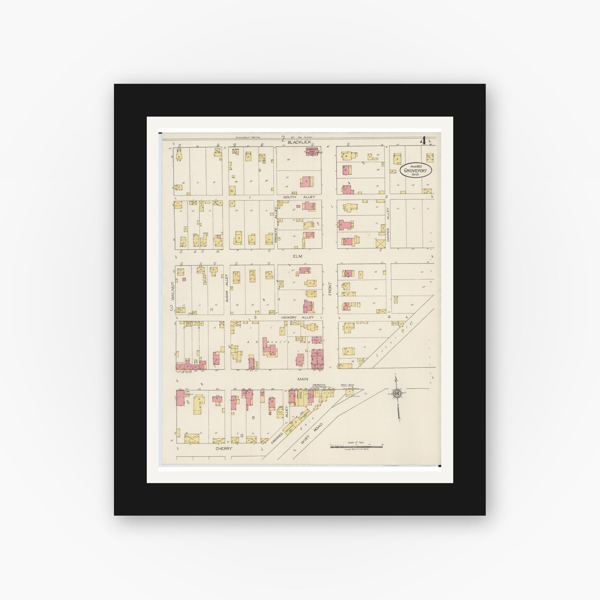 Old map wall art mockup — black gallery frame with white mat — Sanborn Fire Insurance Map from Groveport, Franklin County, Ohio (1922), Sheet #0004