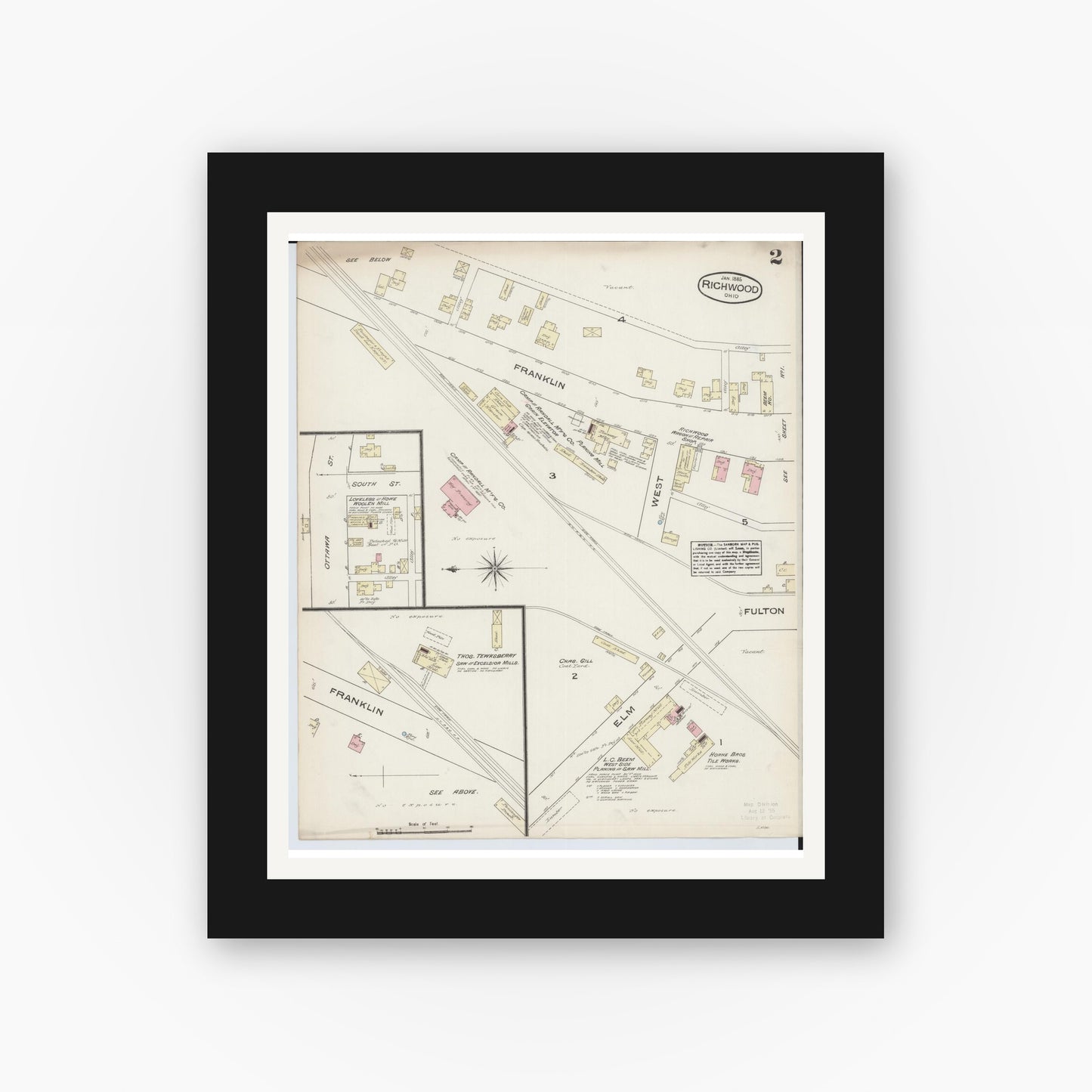 Old map wall art mockup — black gallery frame with white mat — Sanborn Fire Insurance Map from Richwood, Union County, Ohio (1885), Sheet #0002