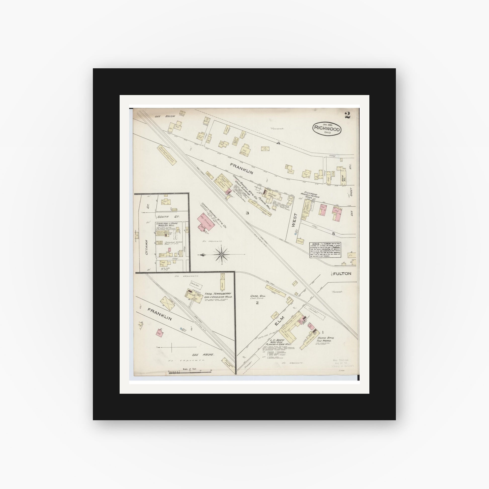 Old map wall art mockup — black gallery frame with white mat — Sanborn Fire Insurance Map from Richwood, Union County, Ohio (1885), Sheet #0002