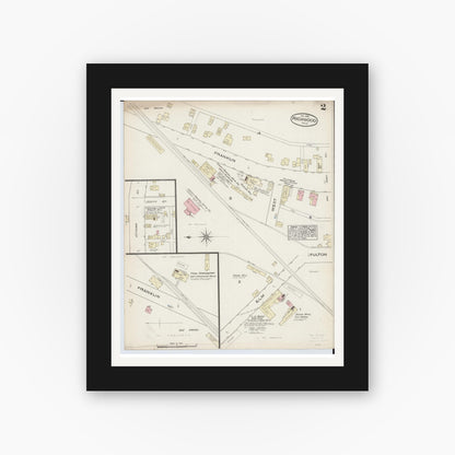 Old map wall art mockup — black gallery frame with white mat — Sanborn Fire Insurance Map from Richwood, Union County, Ohio (1885), Sheet #0002