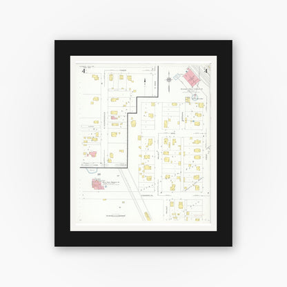 Old map wall art mockup — black gallery frame with white mat — Sanborn Fire Insurance Map from Pleasant Hill, Cass County, Missouri (1932), Sheet #0004