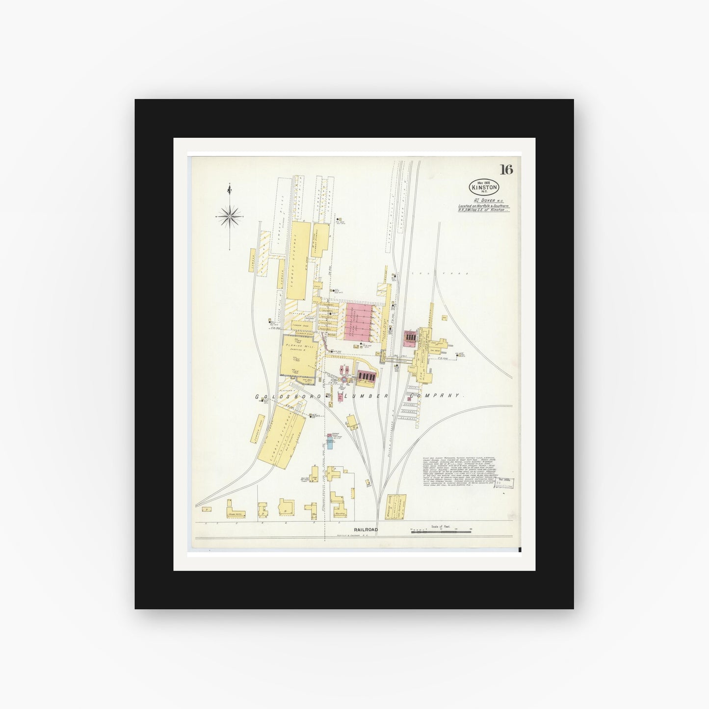 Old map wall art mockup — black gallery frame with white mat — Sanborn Fire Insurance Map from Kinston, Lenoir County, North Carolina (1908), Sheet #0016