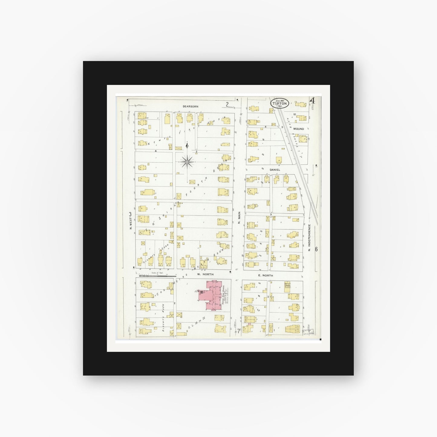 Old map wall art mockup — black gallery frame with white mat — Sanborn Fire Insurance Map from Tipton, Tipton County, Indiana (1909), Sheet #0004
