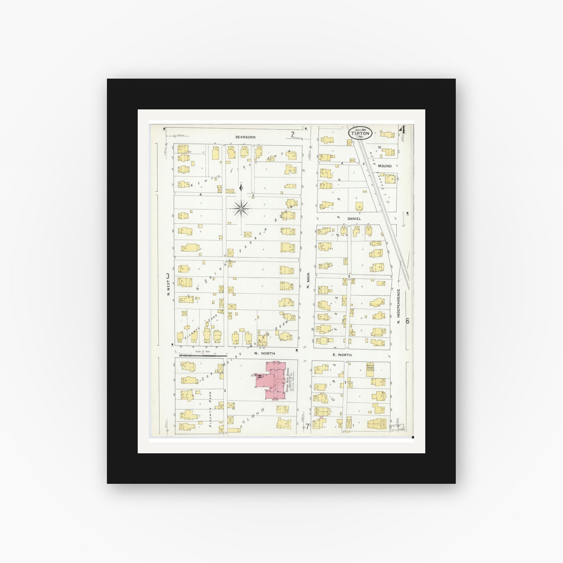 Old map wall art mockup — black gallery frame with white mat — Sanborn Fire Insurance Map from Tipton, Tipton County, Indiana (1909), Sheet #0004