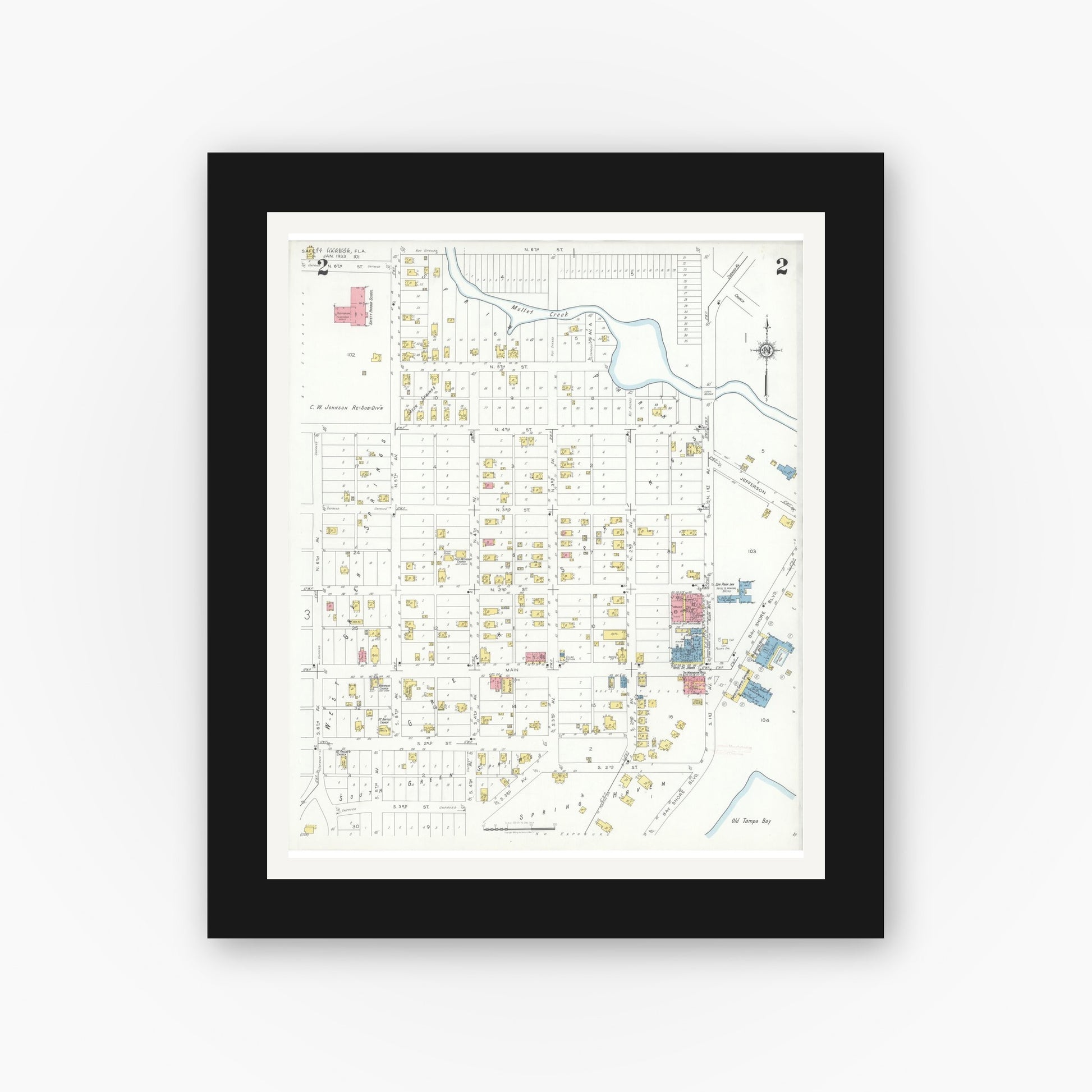 Old map wall art mockup — black gallery frame with white mat — Sanborn Fire Insurance Map from Safety Harbor, Pinellas County, Florida (1933), Sheet #0002