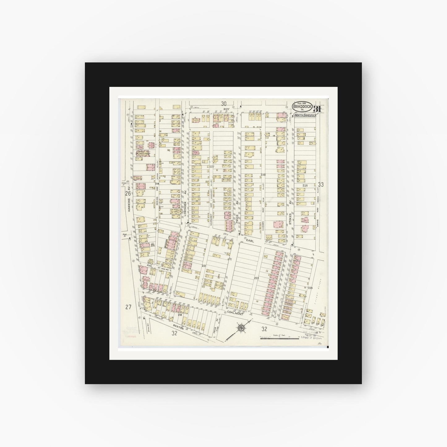 Old map wall art mockup — black gallery frame with white mat — Sanborn Fire Insurance Map from Braddock, Allegheny County, Pennsylvania (1914), Sheet #0031