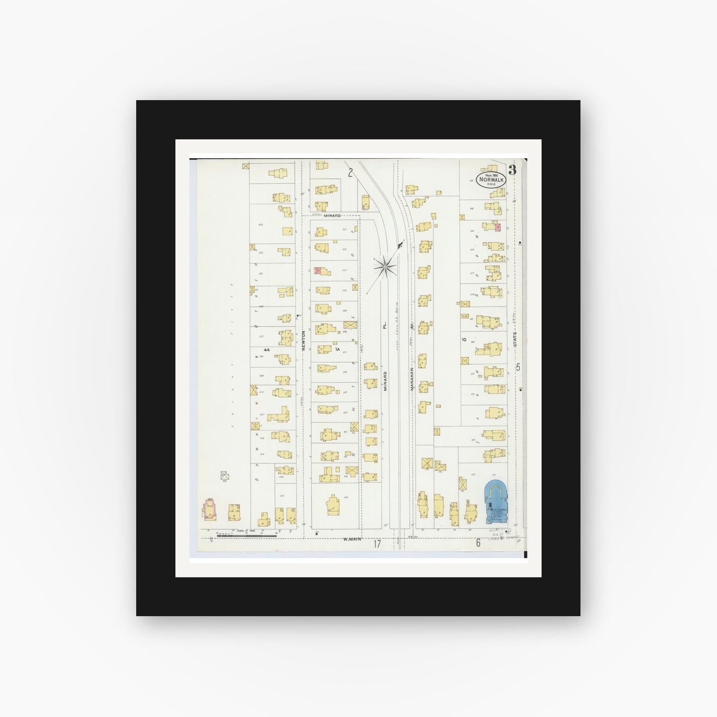 Old map wall art mockup — black gallery frame with white mat — Sanborn Fire Insurance Map from Norwalk, Huron County, Ohio (1906), Sheet #0003