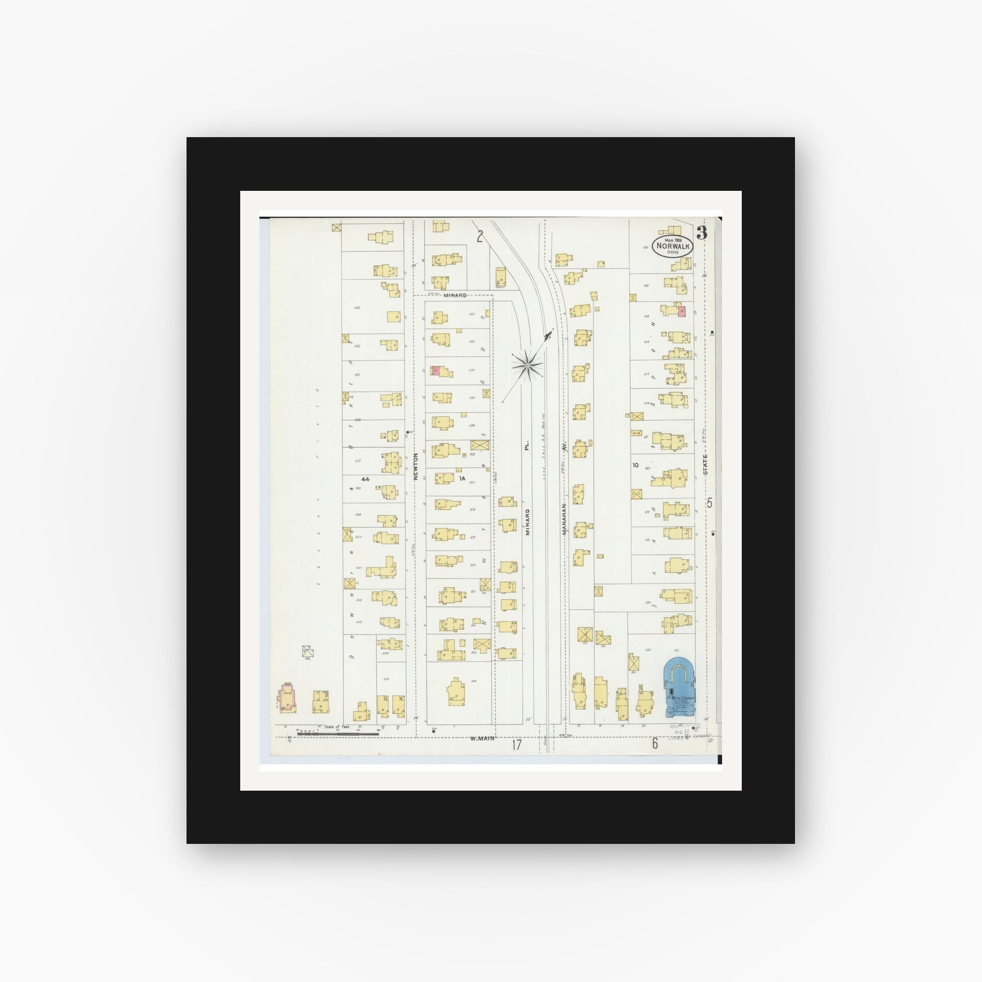 Old map wall art mockup — black gallery frame with white mat — Sanborn Fire Insurance Map from Norwalk, Huron County, Ohio (1906), Sheet #0003