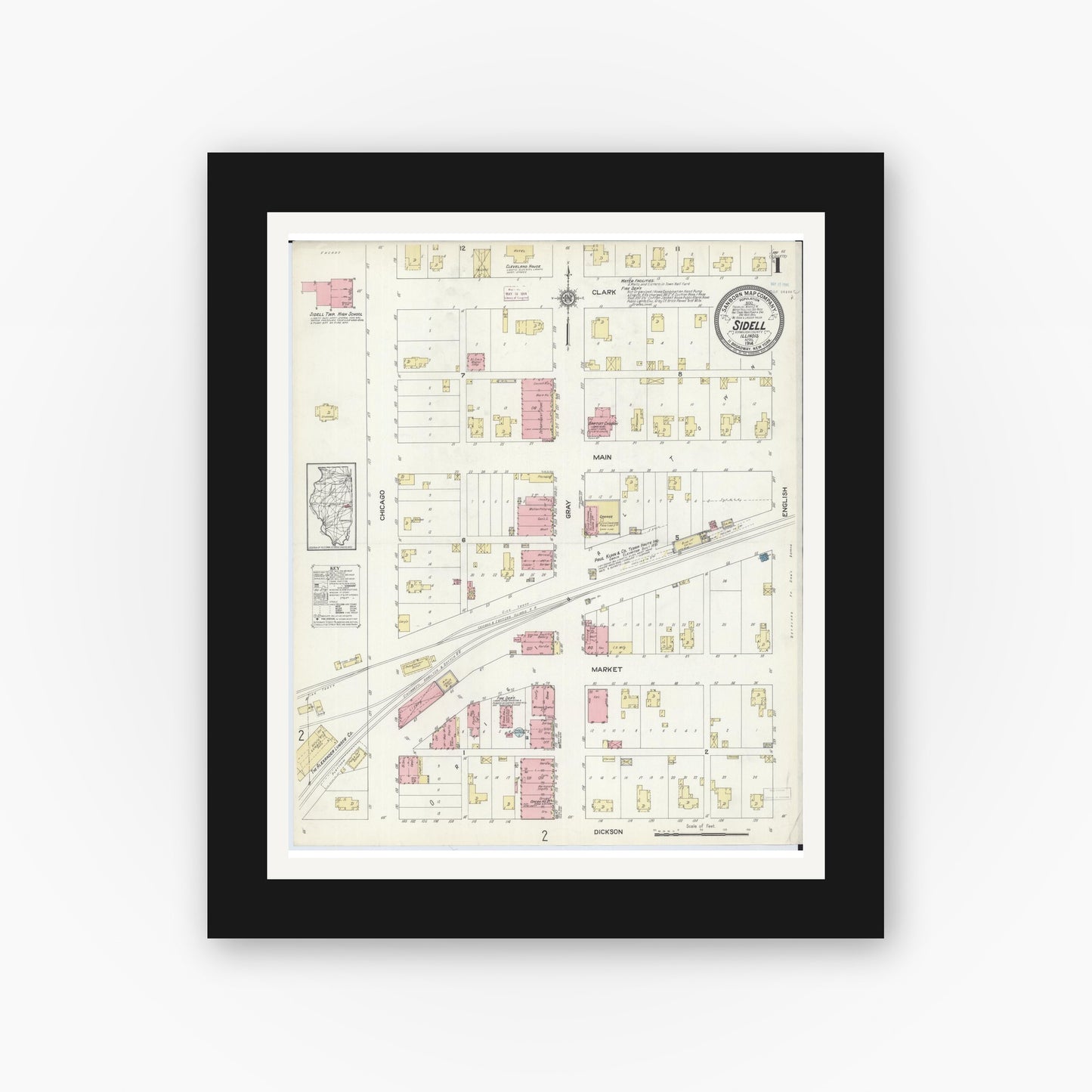 Old map wall art mockup — black gallery frame with white mat — Sanborn Fire Insurance Map from Sidell, Vermilion County, Illinois (1914) - Complete Map Set
