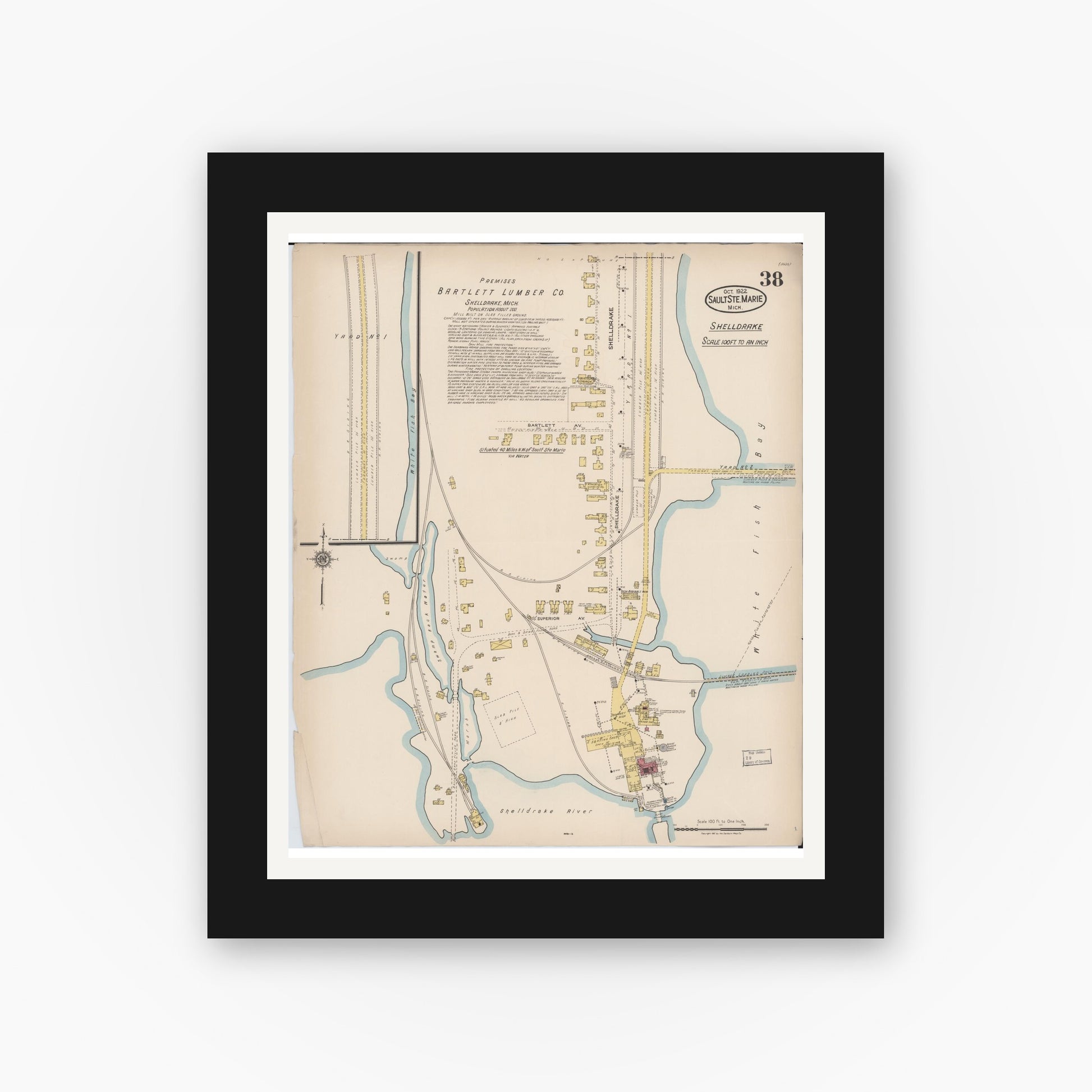 Old map wall art mockup — black gallery frame with white mat — Sanborn Fire Insurance Map from Sault Sainte Marie, Chippewa County, Michigan (1922), Sheet #0038