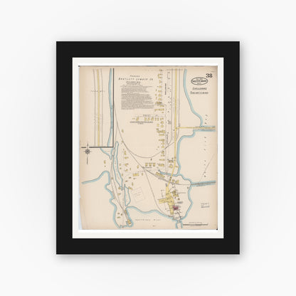 Old map wall art mockup — black gallery frame with white mat — Sanborn Fire Insurance Map from Sault Sainte Marie, Chippewa County, Michigan (1922), Sheet #0038