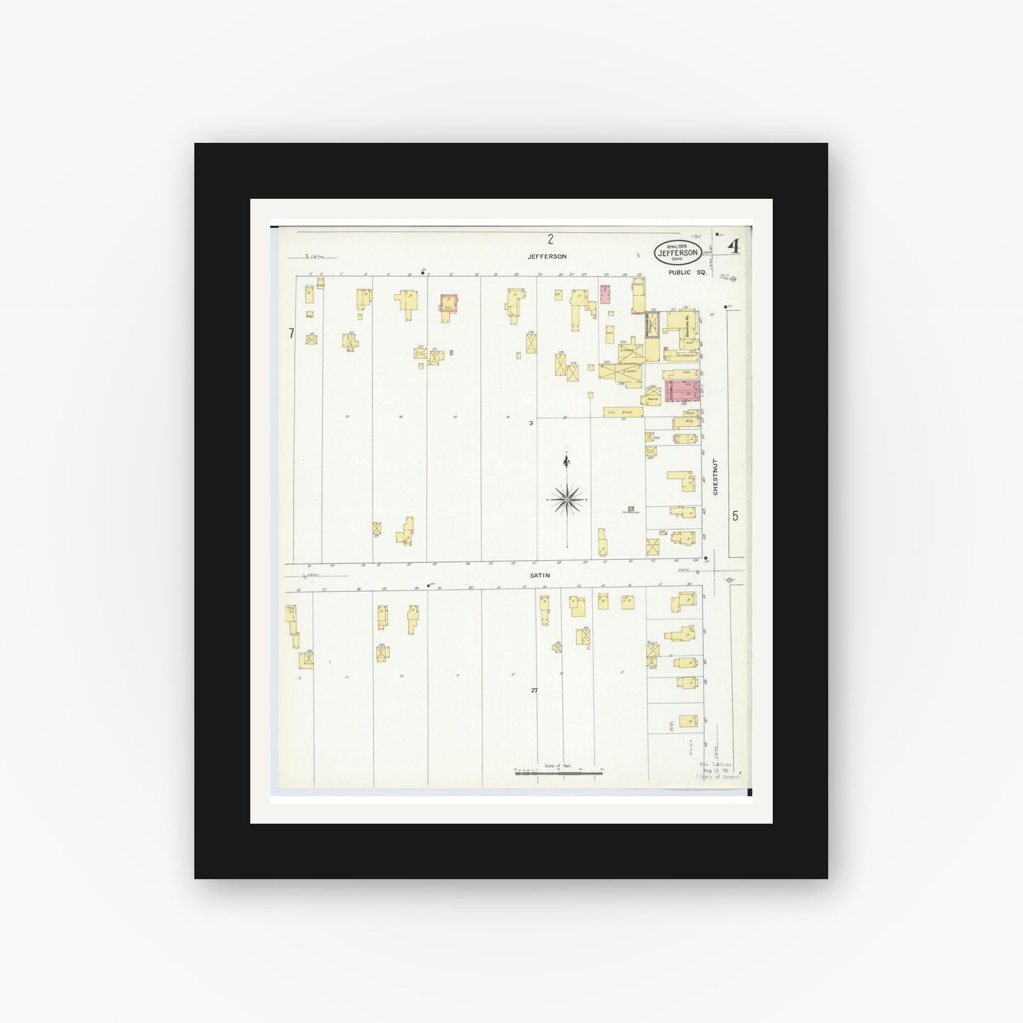 Old map wall art mockup — black gallery frame with white mat — Sanborn Fire Insurance Map from Jefferson, Ashtabula County, Ohio (1909), Sheet #0004
