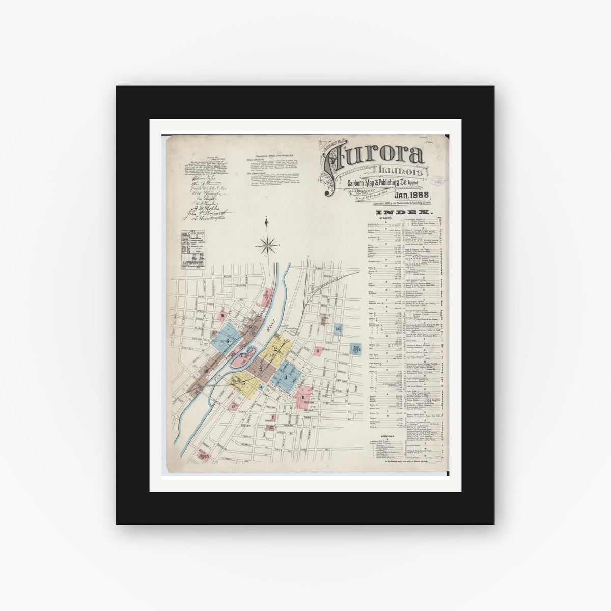Old map wall art mockup — black gallery frame with white mat — Sanborn Fire Insurance Map from Aurora, Kane County, Illinois (1888) - Complete Map Set