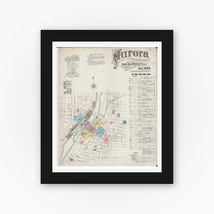 Old map wall art mockup — black gallery frame with white mat — Sanborn Fire Insurance Map from Aurora, Kane County, Illinois (1888) - Complete Map Set